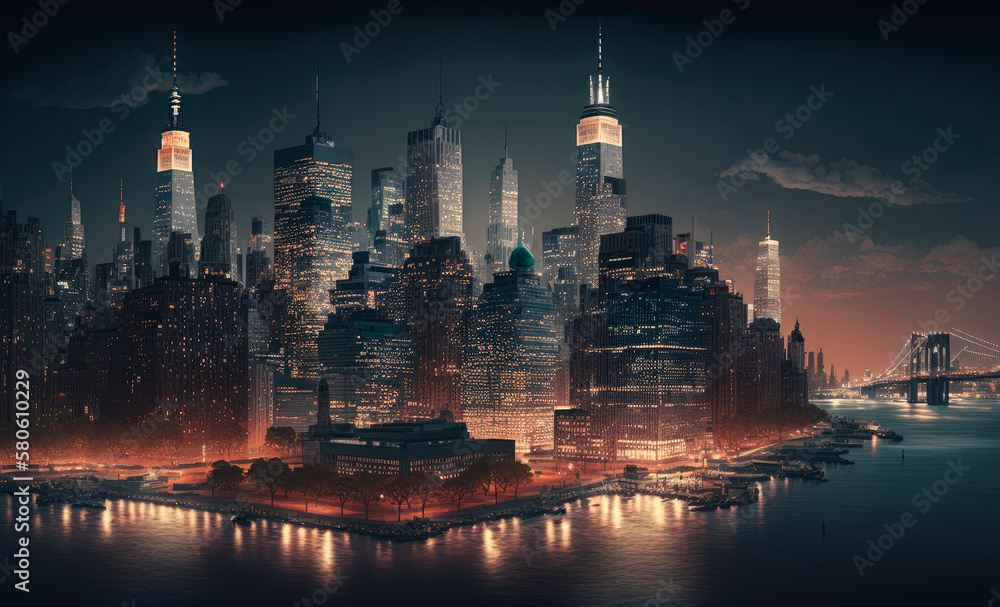 Night skyline of Manhattan, New York City. Generative AI