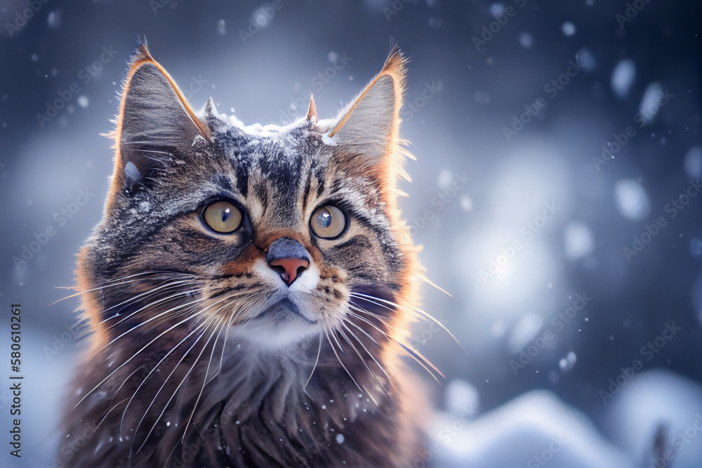 Fluffy cat closeup in the snow