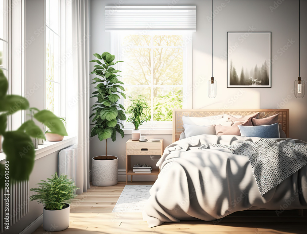 Illustration of a morning in a bright modern bedroom, created with Generative AI technology.