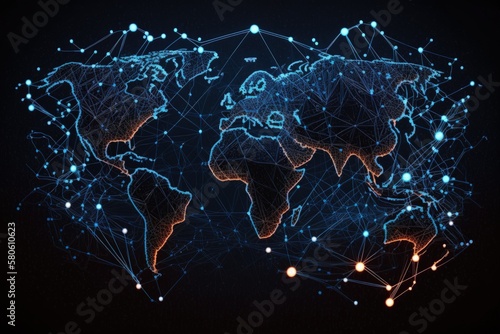 Global map illustration with network contacts, dark blue background. Generative AI photo