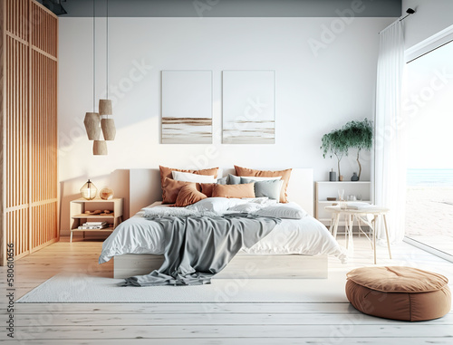 Illustration of a modern bedroom in a beach villa. created with Generative AI technology.