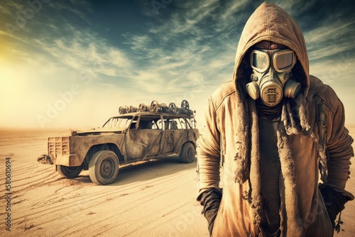 Man in hoodie and gas mask, old car in the background, mad max style. Generative AI