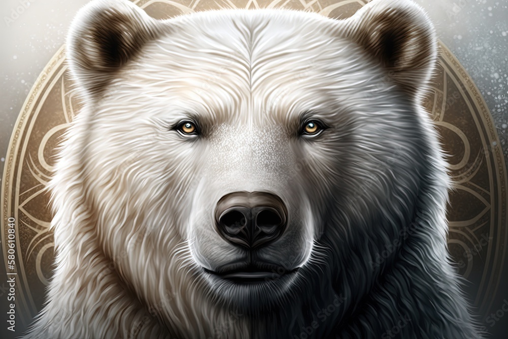 Polar bear illustration, circle with golden ornaments on the background, emblem. Generative AI Polar bear illustration, circle with golden ornaments on the background, emblem. Generative AI