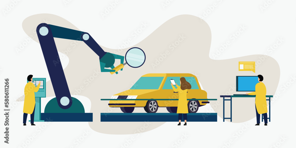 Robot helps technician to do car inspection 2d vector illustration concept for banner, website, illustration, landing page, flyer Robot helps technician to do car inspection 2d vector illustration concept for banner, website, illustration, landing page, flyer