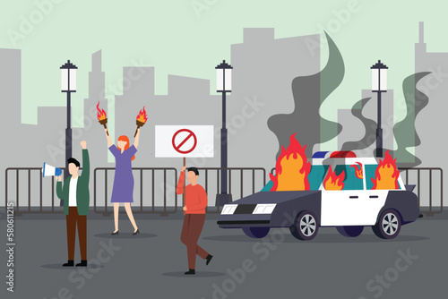 Burning police car, activists with flaming torches 2d vector illustration concept for banner, website, illustration, landing page, flyer
