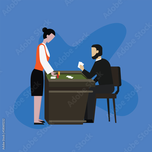 Male gambler and dealer playing blackjack 2d vector illustration concept for banner, website, illustration, landing page, flyer