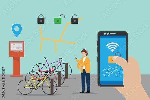 Bike rental service app with hand holding smartphone and bicycle rent stand 2d vector illustration concept for banner, website, illustration, landing page, flyer