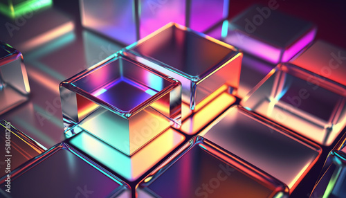 Abstract 3d background wallpaper with glass squares with colorful light emitter iridescent neon holographic gradient. Design visual element for banner header poster or cover