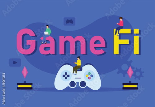 Blockchain gamefi with people and joystick 2d vector illustration concept for banner, website, illustration, landing page, flyer