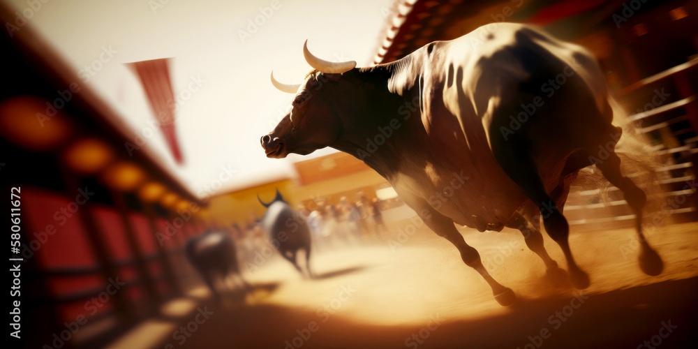 Generative AI illustration of angry bulls running on sandy ground ...