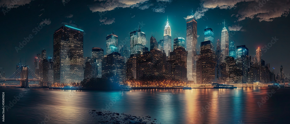 Fototapeta premium Night skyline of Manhattan, New York City. Generative AI