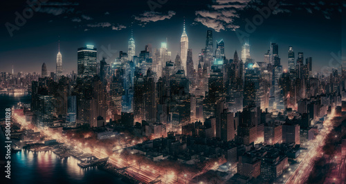 Night skyline of Manhattan, New York City. Generative AI