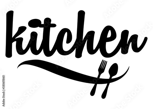 Logo restaurante. Letras palabra kitchen en texto manuscrito con silueta de tenedor y cuchara en ola