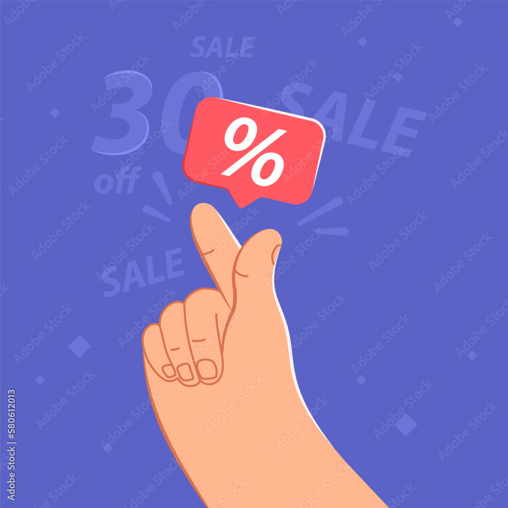 Sale 30 percent off sign by fingers gesture. Flat vector illustration of human hand with flying sale tag symbol. Promotion design of spring sale for social media audience announcement Sale 30 percent off sign by fingers gesture. Flat vector illustration of human hand with flying sale tag symbol. Promotion design of spring sale for social media audience announcement