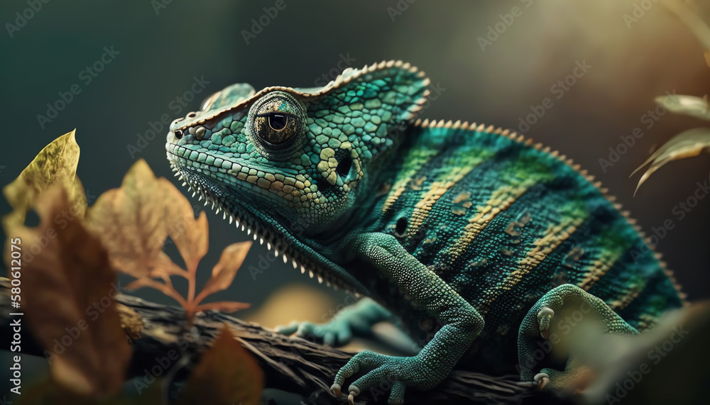 Obraz premium Green colored chameleon close up