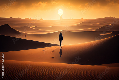 The traveler walks along the sand dunes against the backdrop of the setting sun. AI generated