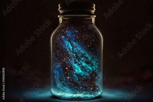 Galaxy closed in an old glass bottle. Generative AI