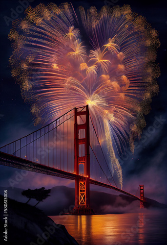 Fireworks over the famous Golden Gate Bridge. AI generated