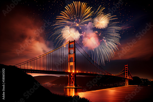 Fireworks over the famous Golden Gate Bridge. AI generated