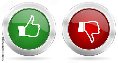 Like and dislike icons, set of green and red thumb up and down silver metallic buttons isolated on white background.