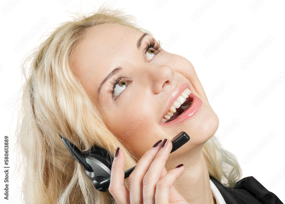Portrait of young businesswoman with headphones smiling at camera Portrait of young businesswoman with headphones smiling at camera
