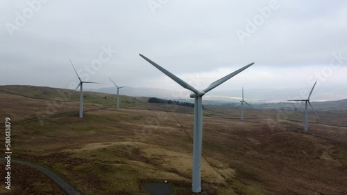 Cinematic aerial footage of Lambrigg Wind Farm, Kendal Cumbria UK. Showing wind turbines and open photo