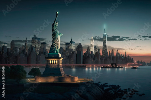 Night skyline of Manhattan, New York, with the Statue of Liberty in the foreground. Generative AI