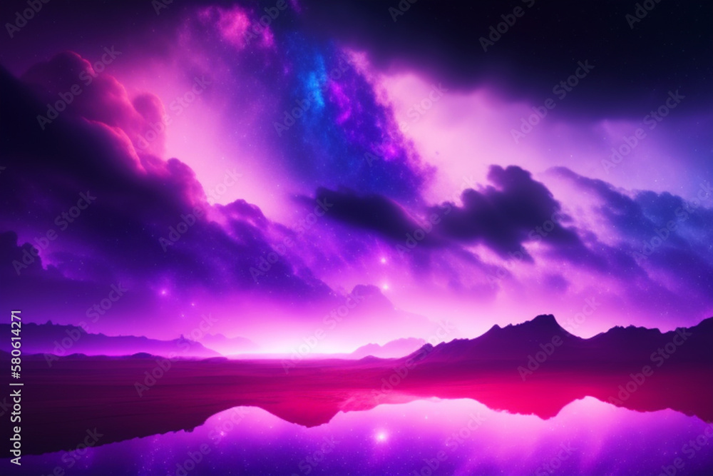 Landscape of Mountains and Water with Sunset of Purple Sky for Wallpaper and Background 