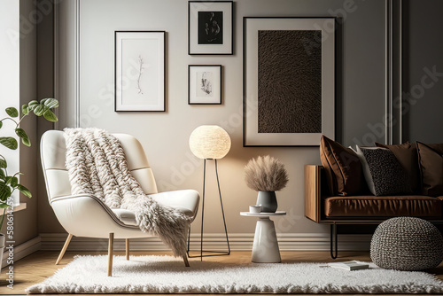 Minimalist composition of elegant living room space. Illustration AI Generative