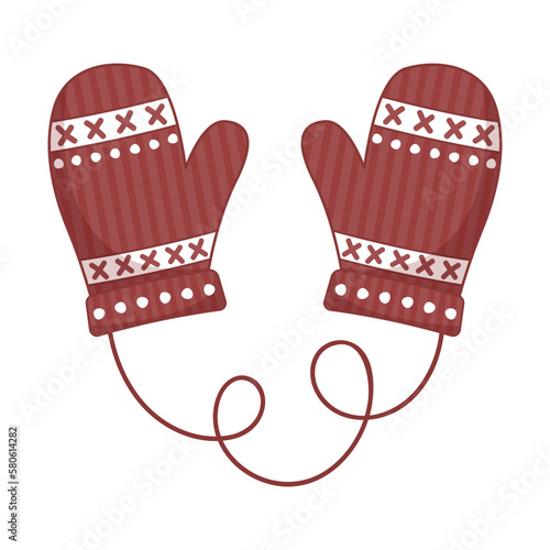 Christmas winter red mittens with embroidery. Isolated vector and PNG illustration on transparent background.