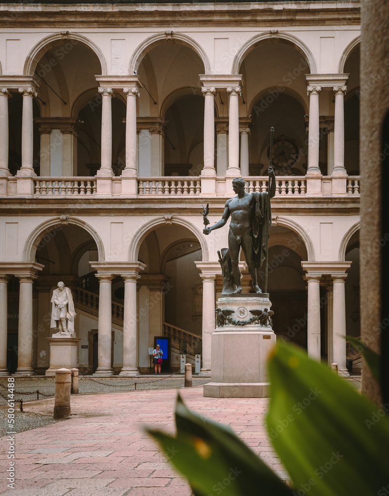 Courtyard of the Pinacoteca di Brera with detail of the main statue