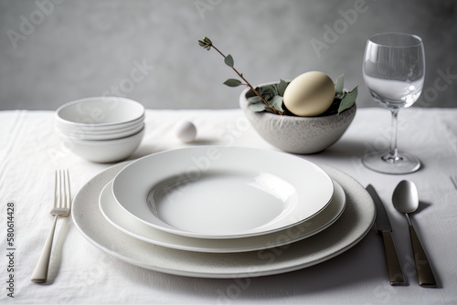 Minimalist table setting for festive Easter dinner. Illustration AI Generative