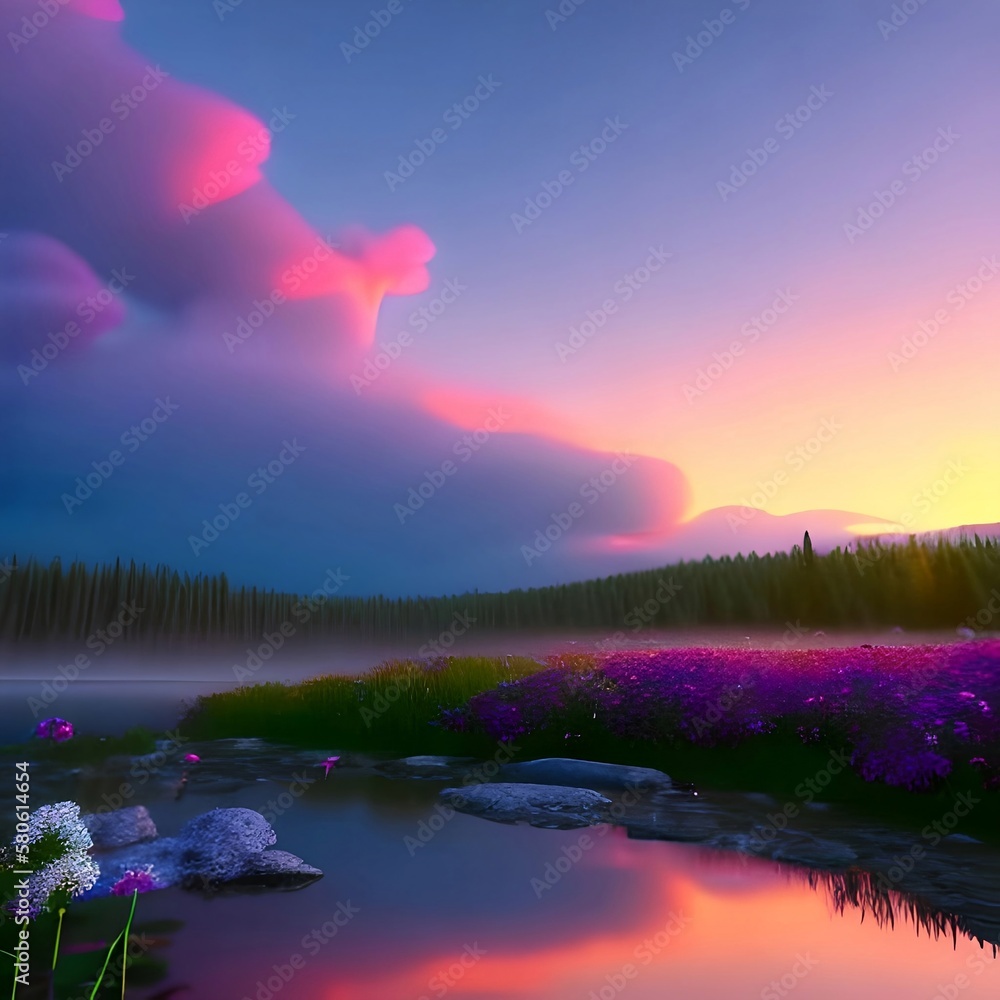 pink sunset and sunrise in meadow surrounded by foggy lake and deep remote forest