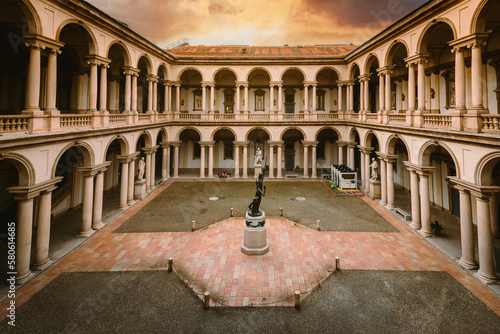 Top view of the Brera Art Gallery (Pinacoteca di Brera) courtyard at sunset