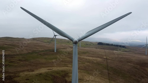 Cinematic aerial footage of Lambrigg Wind Farm, Kendal Cumbria UK. Showing wind turbines and open photo