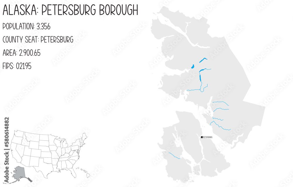 Obraz premium Large and detailed map of Petersburg Borough in Alaska, USA.