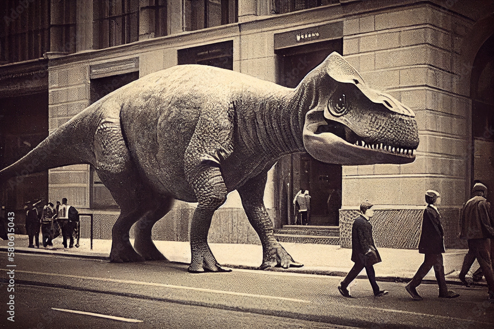 Fototapeta premium A vintage-style generative ai illustration from the early 1900s featuring a dinosaur walking on the streets of a city, creating a surreal and unique scene