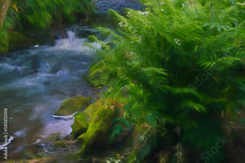 Digital painting of a long exposure of water flowing around moss covered rocks