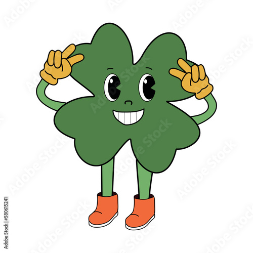 Cartoon clover on white background. Four leaf clover in retro style. Lucky concept. St patricks day vector. 
