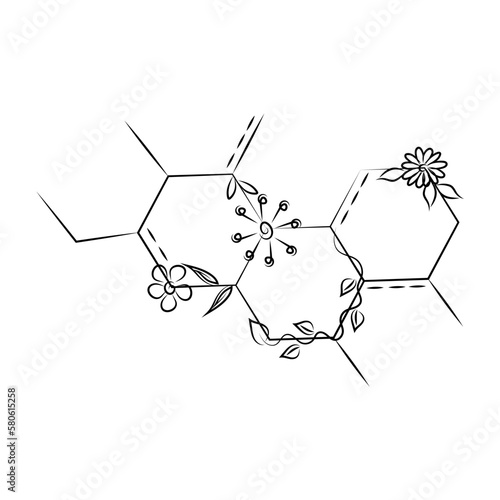 Drawing from chemical molecular bonds, crystal lattice with flowers. ESG banner concept. Nature protection, pollution control. Tattoo.