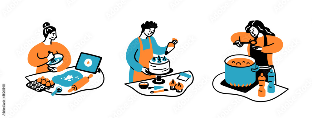 Vector learn cooking concept collection with man and women and kitchen utensils in doodle style. Little scenes of preparing food with video tutorial. Dough, cake, soup with spices and ingredients.