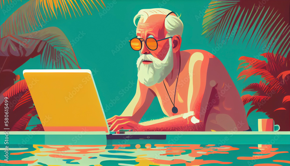 Illustration of elderly man with laptop by the pool, Generative Ai