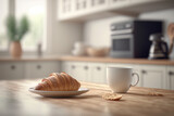 Croissant and coffee on kitchen countertop. Illustration AI Generative