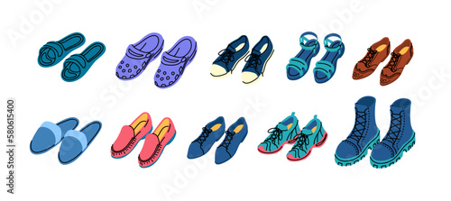 Vector man shoes set. Collection of shoe wear pairs of flip flops, sneakers, boots, sandals and crocs. Home shoes and moccasins illustration