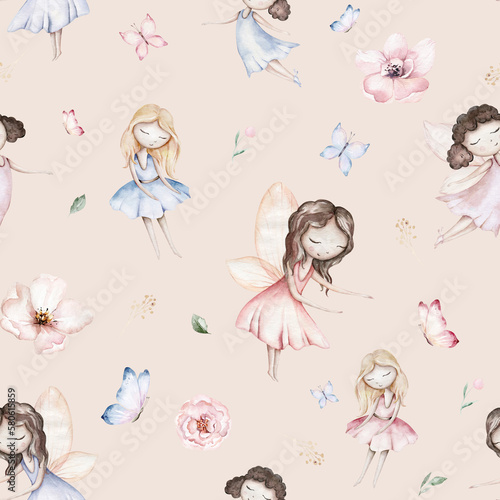 Fairy and Flowers watercolor seamless girls nursery pattern. Cartoon pink magic girl baby background. Faitytale textile art