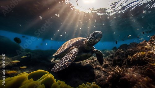Little sea turtle swim in the ocean floor, scenic GALAPAGOS ISLAND, generative ai