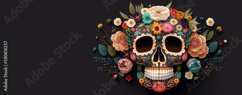 Dia de Los Muertos (Day of the dead), with sugar skull, generative ai