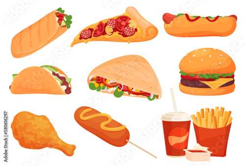 Fast food. Street food. Fast and tasty food preparation in mass cafes and restaurants. Vector illustration