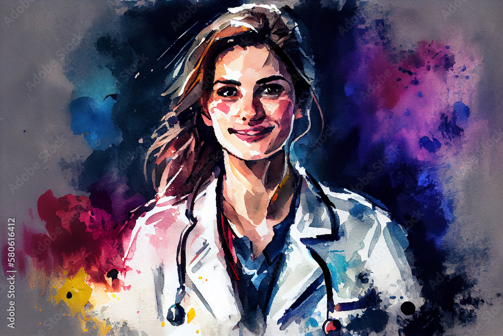 A smiling female doctor against a dark background, featuring soft colors and a gentle artistic style, generative ai illustration