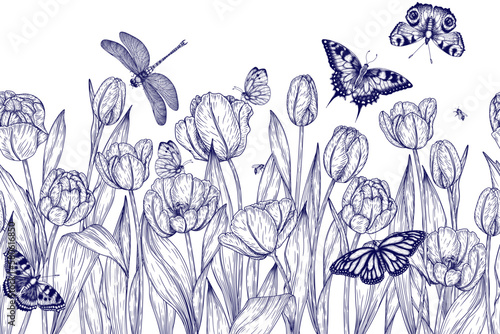 Seamless horizontal vector pattern tulip garden and insects butterflies, bees, dragonfly